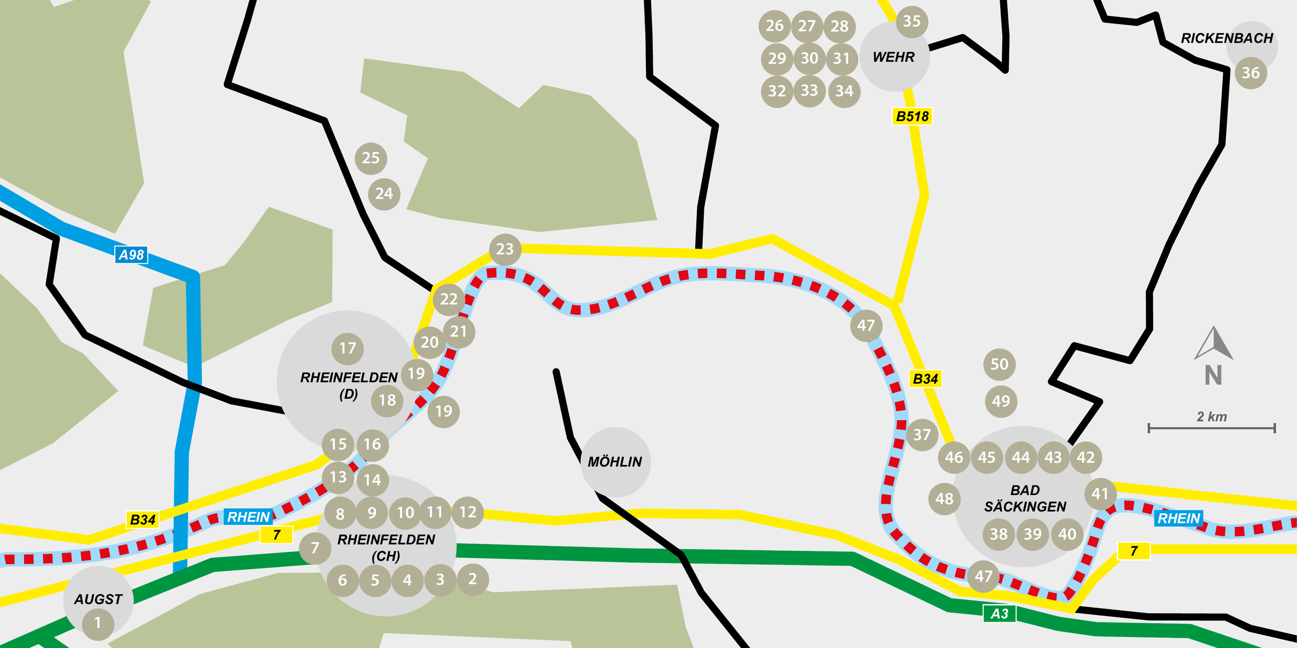 Kapitelkarte im Band Hochrhein mit nummerierten Entdeckungen zwischen Augst und Bad Säckingen