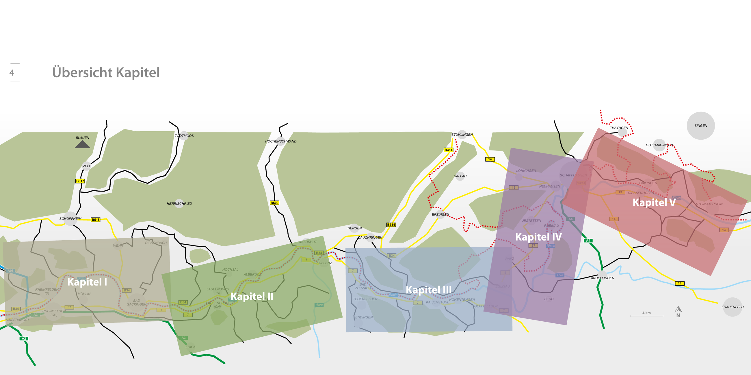 Übersichtskarte der fünf Kapitel im Band Hochrhein