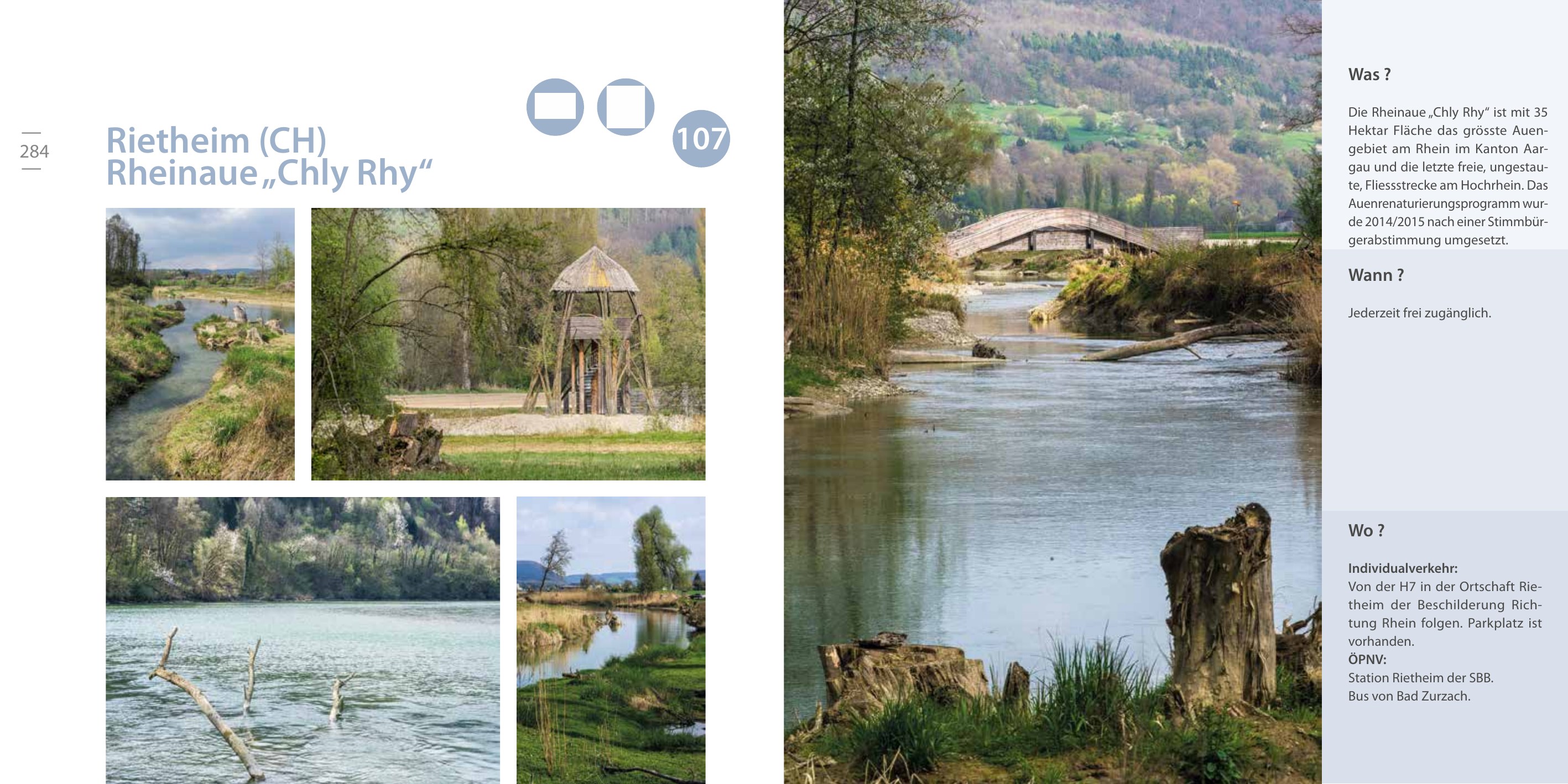 Doppelseite über die Rheinaue Chly Rhy bei Rietheim aus dem Reiseführer Hochrhein